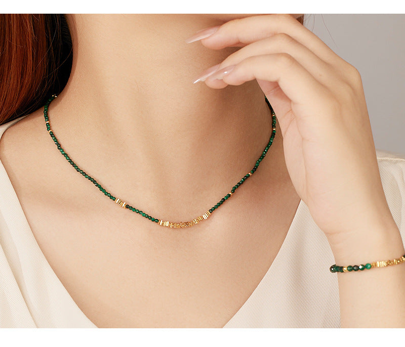 Natural malachite sterling silver necklace for women French retro beaded clavicle necklace accessories high-end necklace