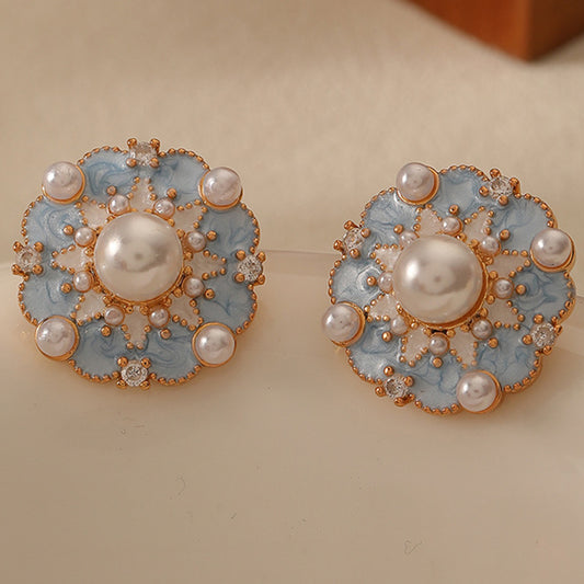 French new style blue oil dripping flower earrings