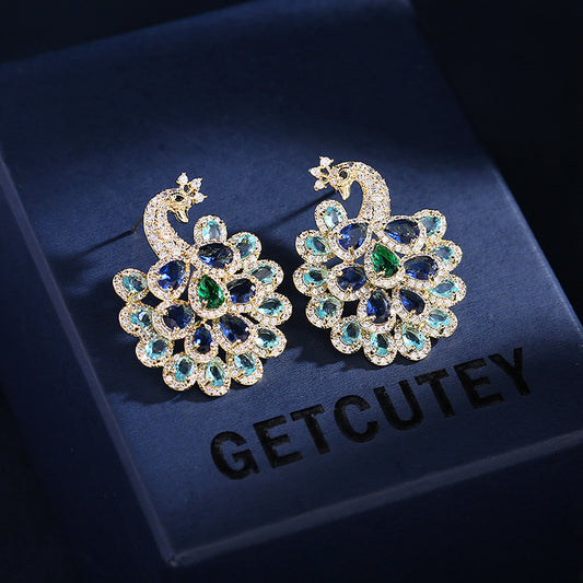 hot sale light luxury fashion jewelry colorful zircon inlaid peacock earrings