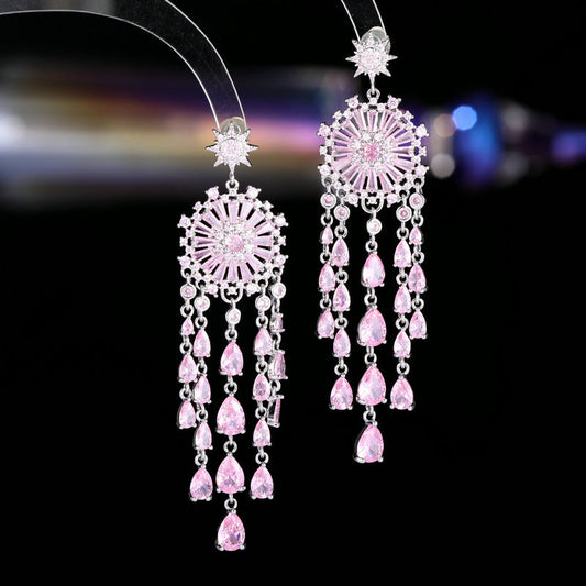 Bridal super sparkling water drop zircon tassel earrings