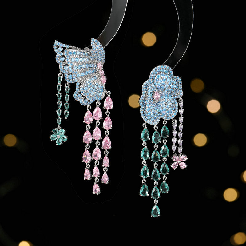 Heavy industry zircon luxury butterfly flower tassel earrings