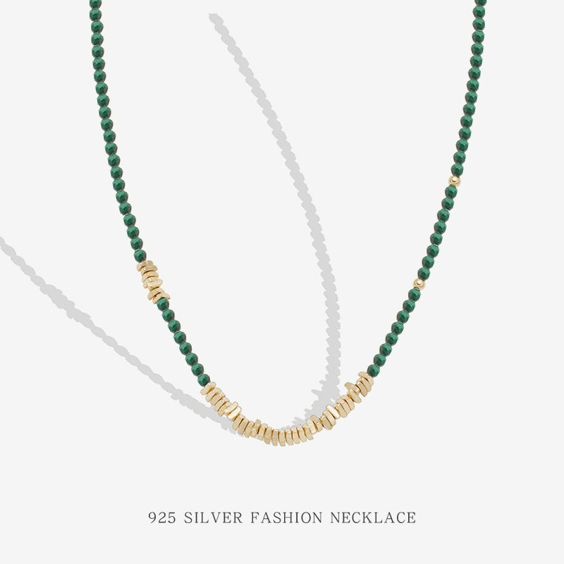 Natural malachite sterling silver necklace for women French retro beaded clavicle necklace accessories high-end necklace