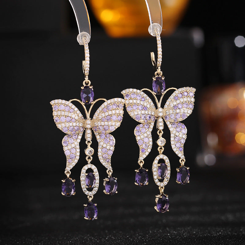 Light luxury fashion super fairy temperament long butterfly tassel earrings