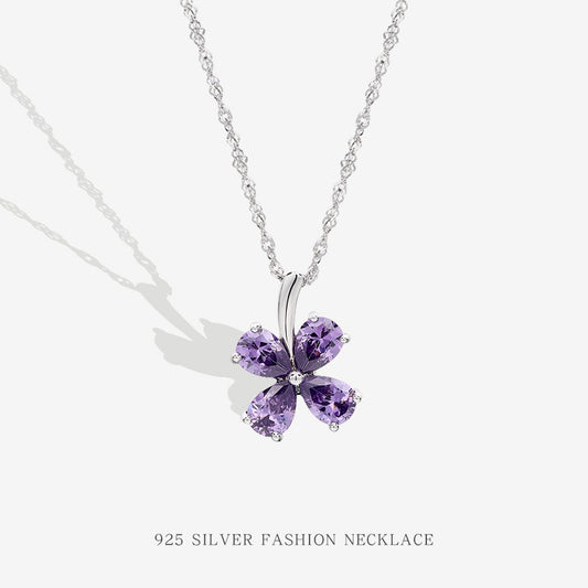 Sterling silver four-leaf clover pendant fashionable purple zircon necklace