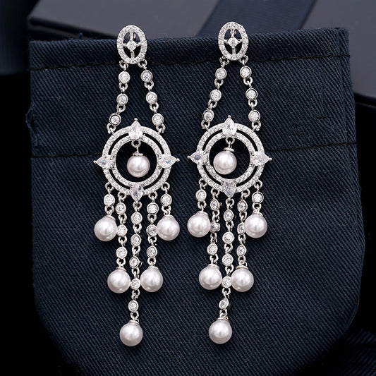 Pearl earrings long tassel heavy zircon earrings versatile for banquets.