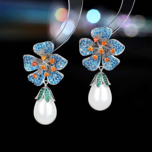 Zircon inlaid three-dimensional flower drop pearl earrings