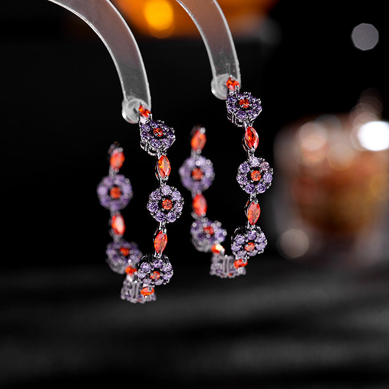 Black bottom hoops, colorful zircon silver needle earrings, flower earrings