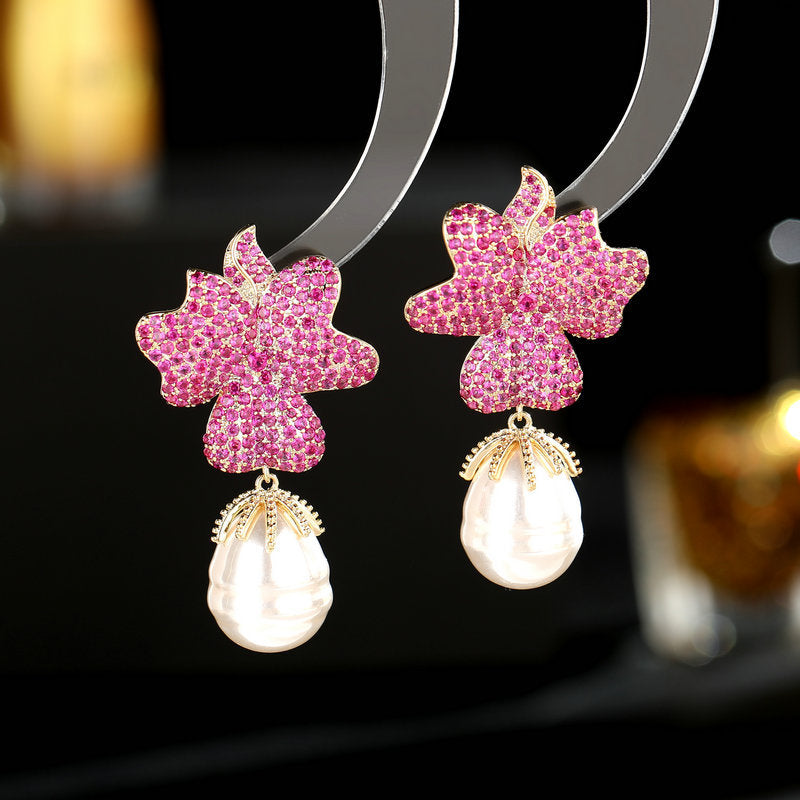 Exaggerated zircon earrings flower baroque pearl earrings