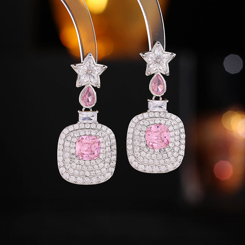 Bridal wedding accessories zircon inlaid five-pointed star square earrings