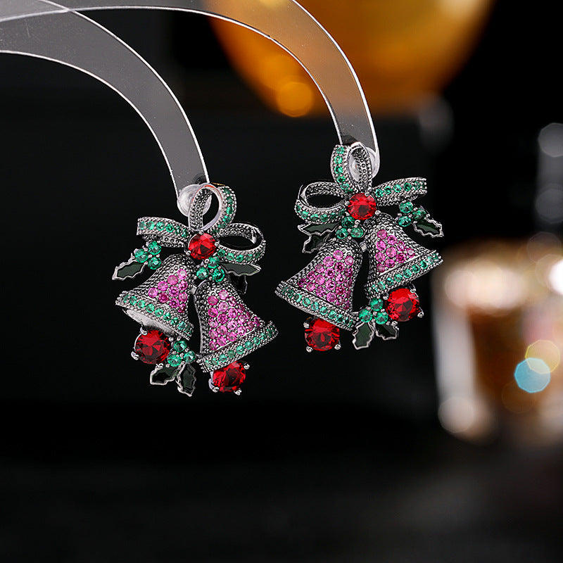 trendy ribbon bow zircon silver needle earrings Christmas gift bell earrings