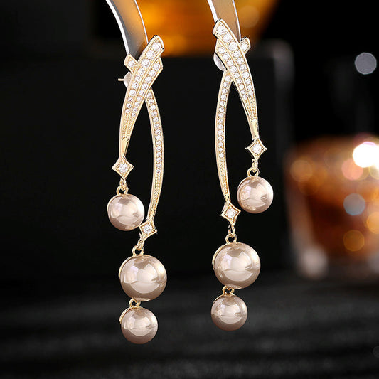 s925 silver needle simple atmospheric design earrings niche design high-end cross-line pearl earrings