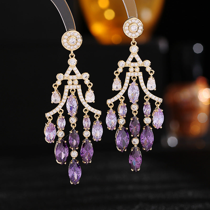 Zircon inlay exaggerated water drop tassel earrings banquet dress bridal earrings