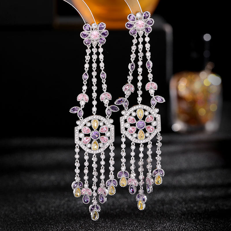 colored zircon flowers, long water drop tassel earrings