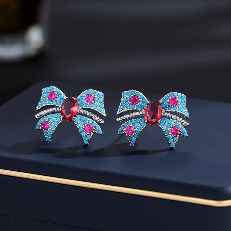 French retro earrings niche design simple temperament turquoise zircon inlaid bow earrings