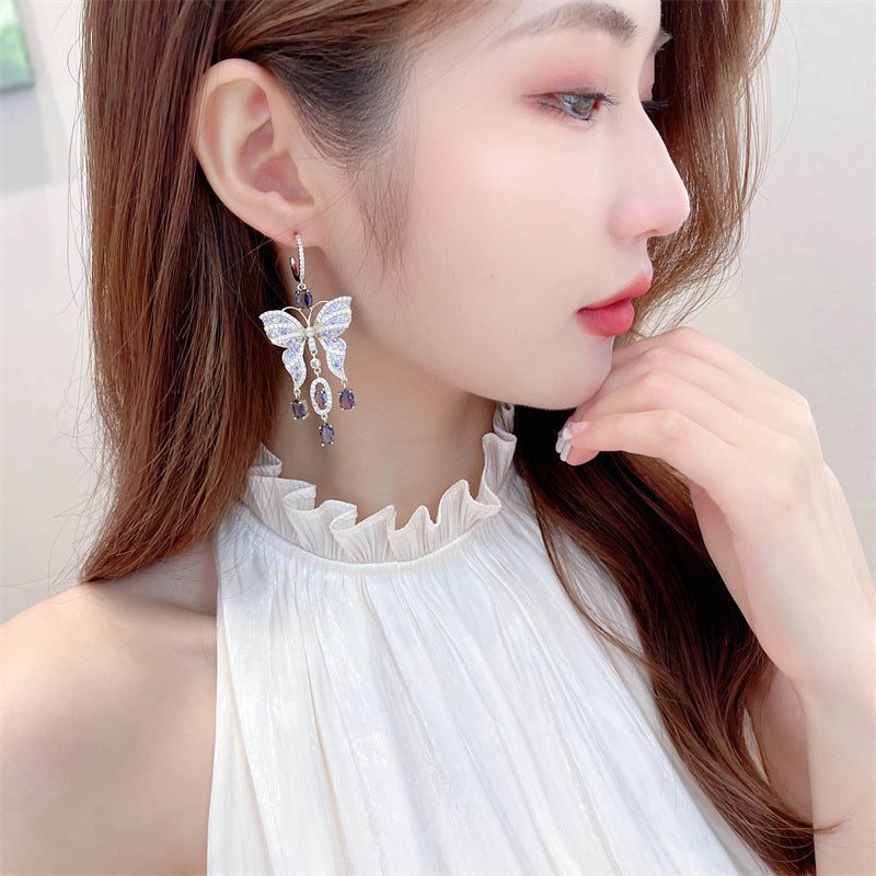 Light luxury fashion super fairy temperament long butterfly tassel earrings