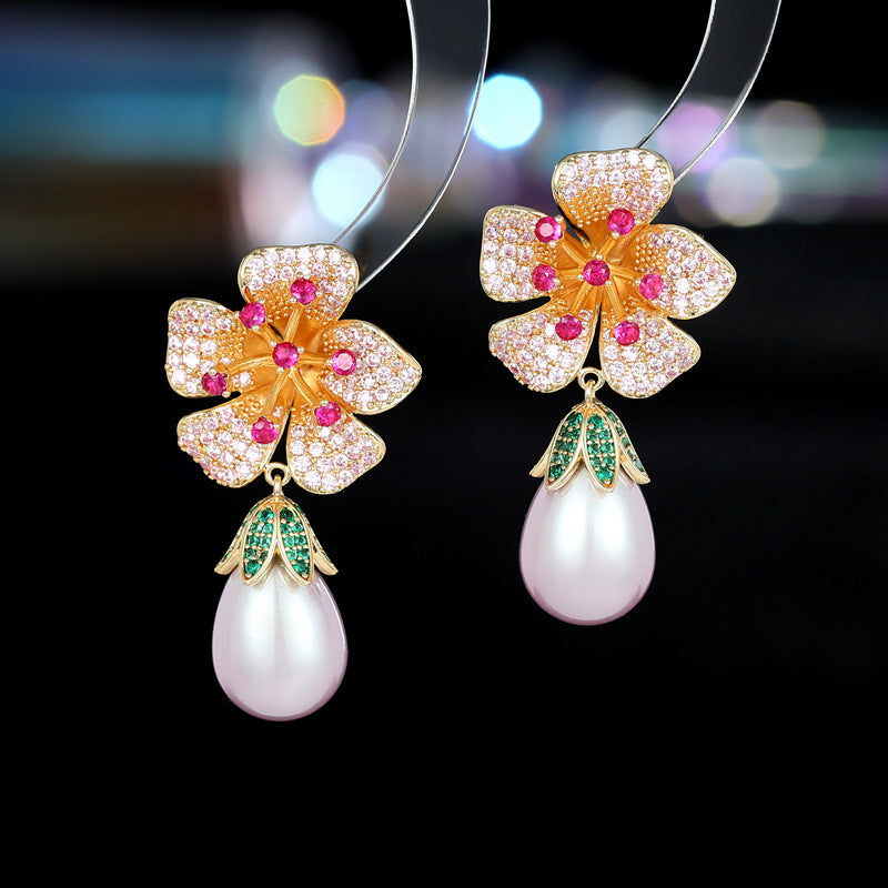 Zircon inlaid three-dimensional flower drop pearl earrings