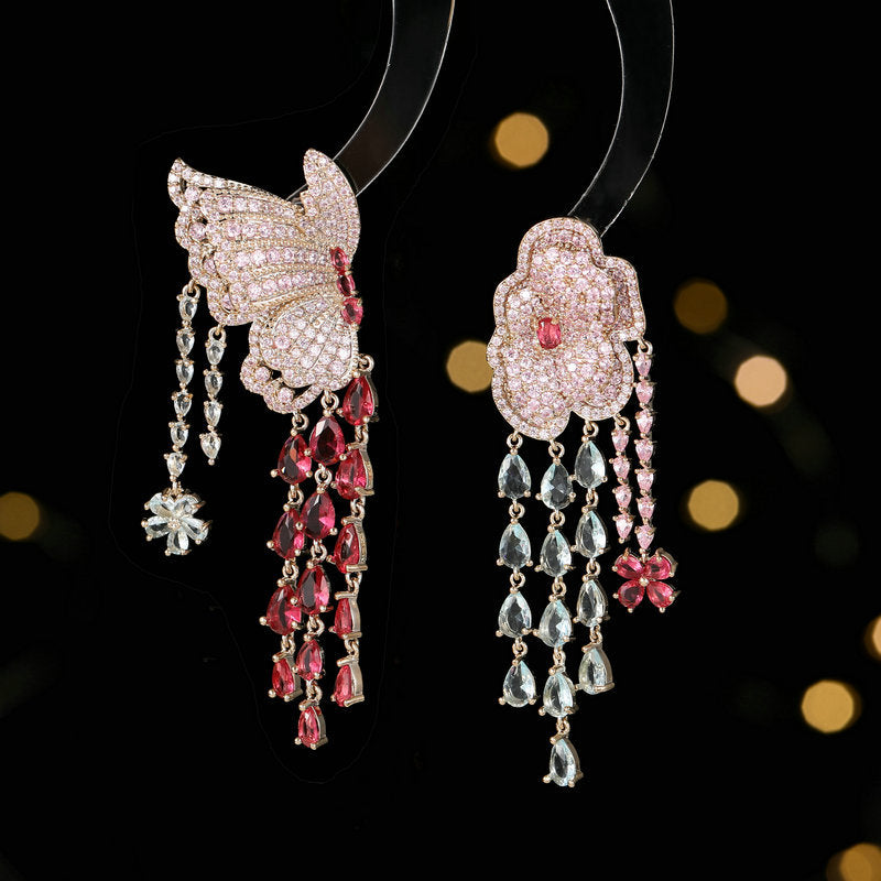 Heavy industry zircon luxury butterfly flower tassel earrings