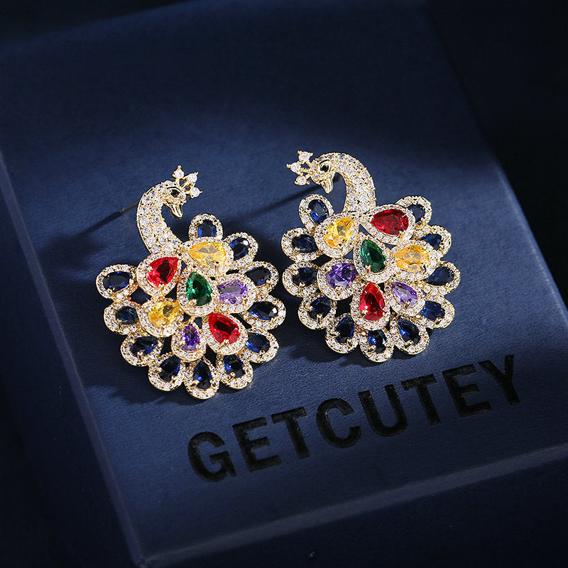 hot sale light luxury fashion jewelry colorful zircon inlaid peacock earrings