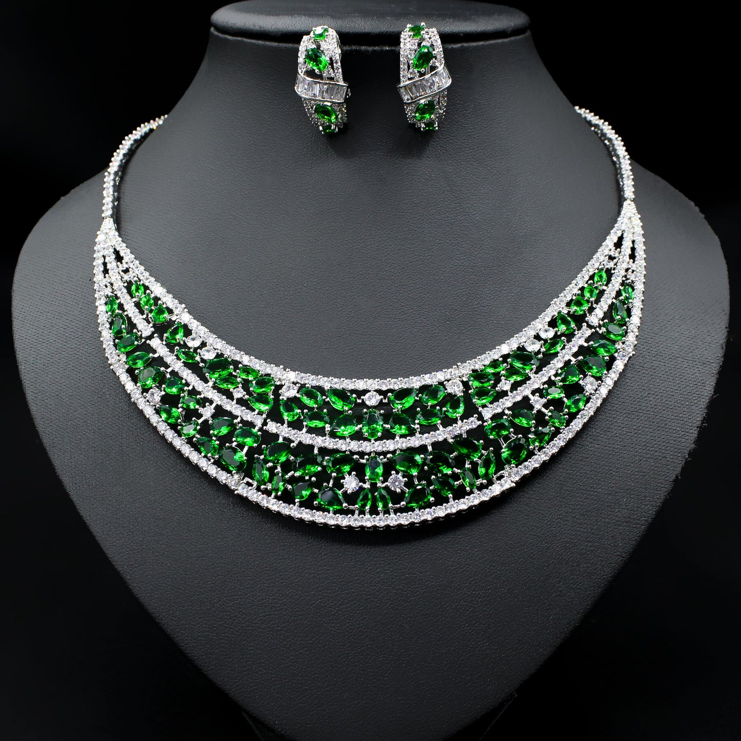 European and American bride emerald earrings and necklace set zircon micro-inlaid diamond earrings two-piece set