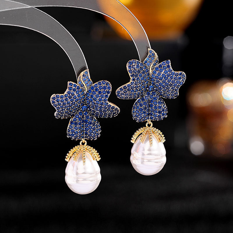 Exaggerated zircon earrings flower baroque pearl earrings