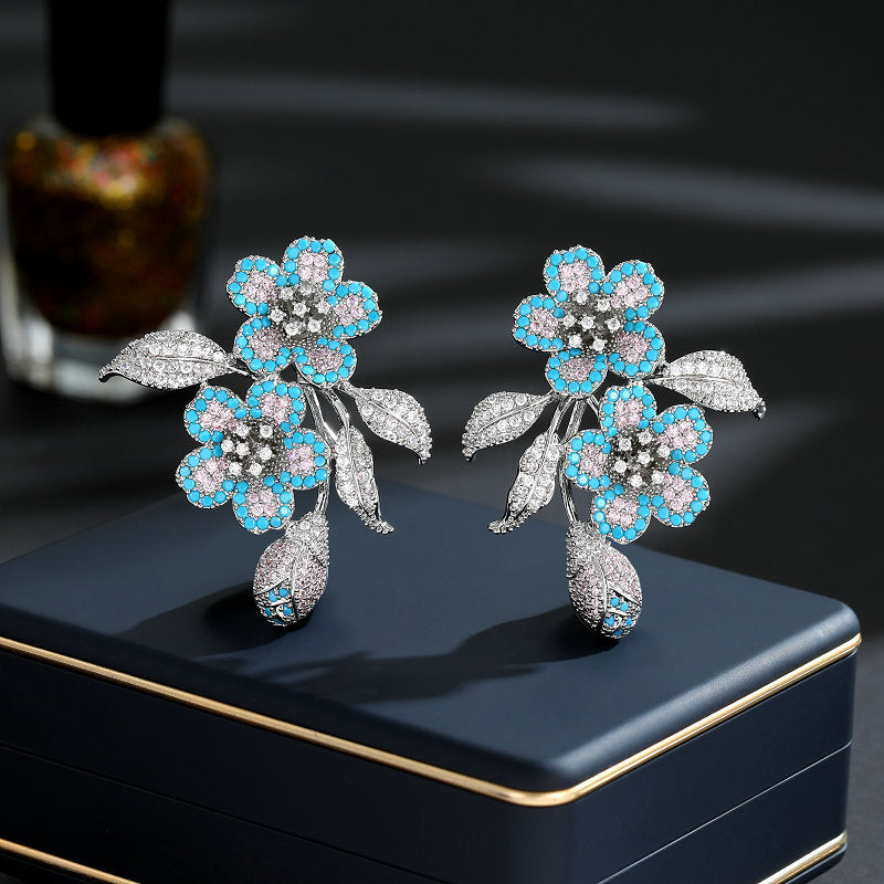 New light luxury micro-studded zirconium flower earrings exaggerated atmosphere heavy earrings