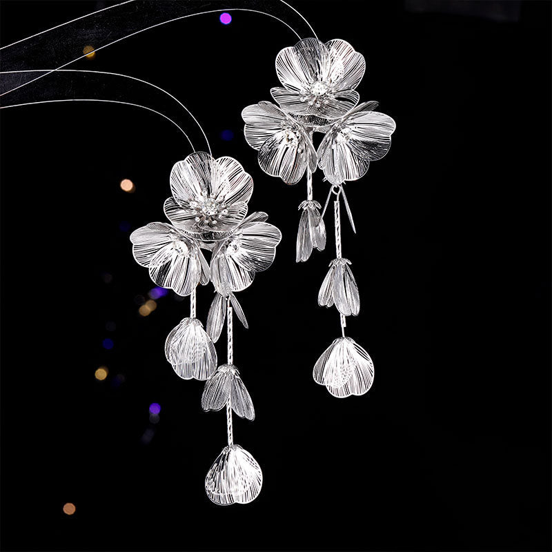 Metal Flower Tassel Long Earrings Bridal Earrings