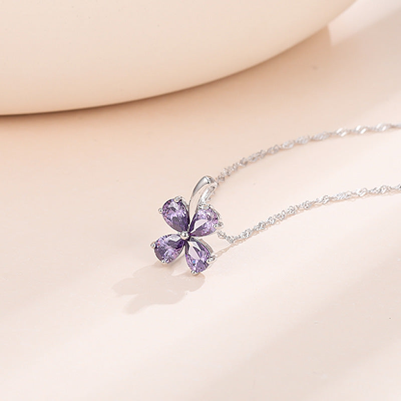 Sterling silver four-leaf clover pendant fashionable purple zircon necklace