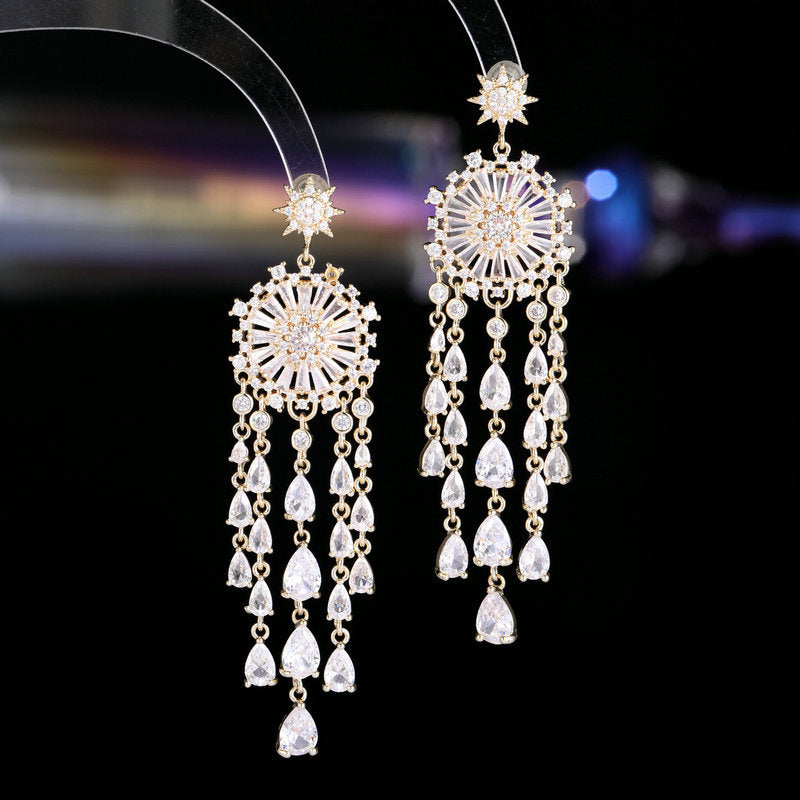 Bridal super sparkling water drop zircon tassel earrings