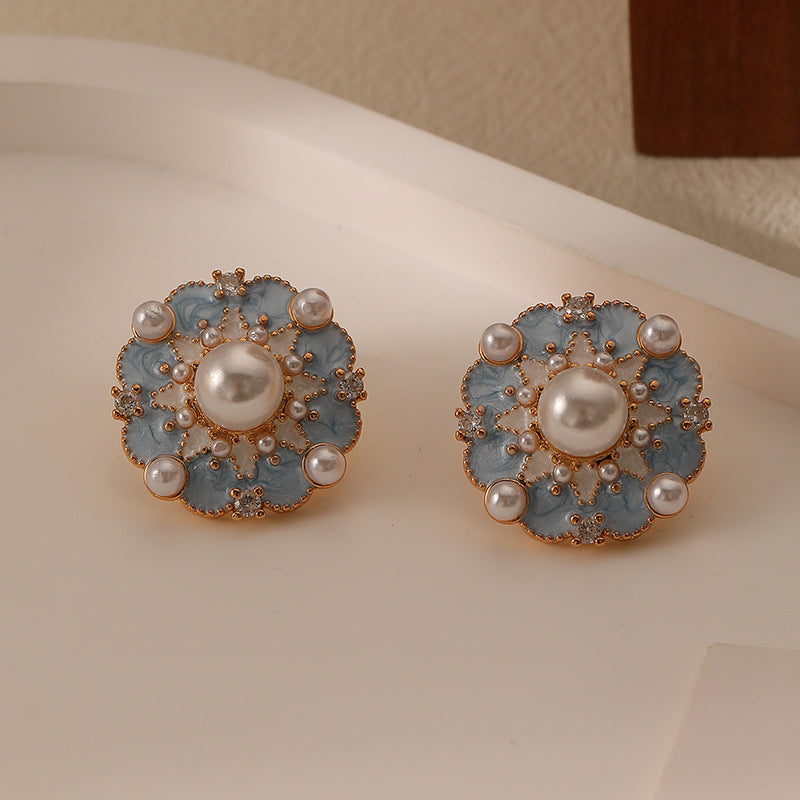 French new style blue oil dripping flower earrings