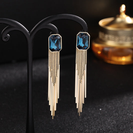 long style crystal earrings for women geometric tassel square earrings