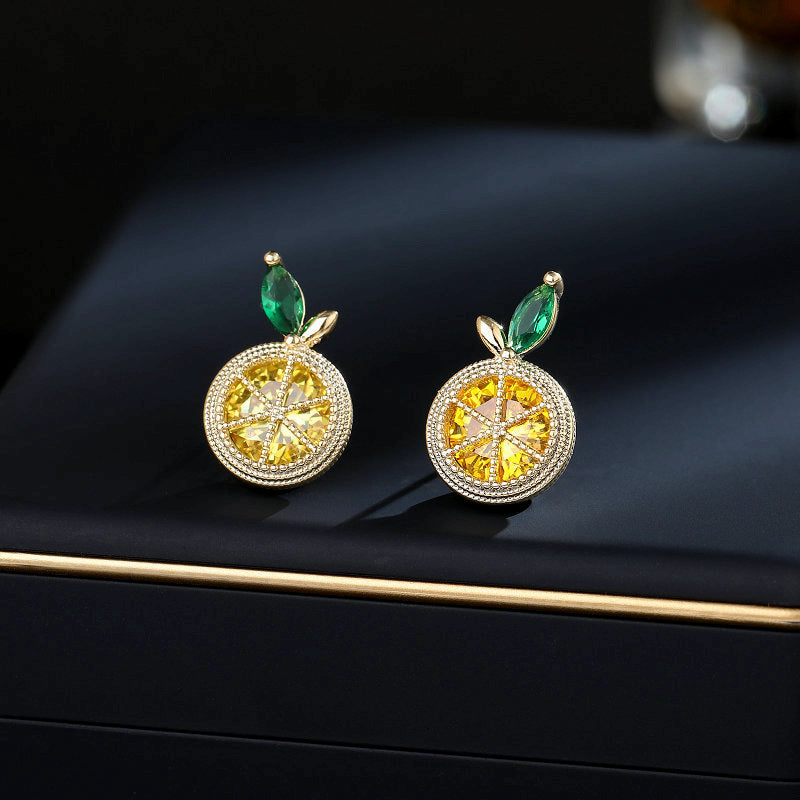 Sweet and fresh zircon inlaid orange lemon earrings