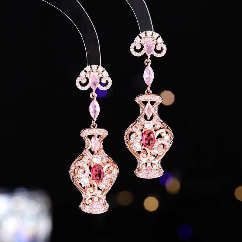 Light luxury new Chinese style ancient style three-dimensional earrings retro zircon inlaid high-end long blue and white porcelain dinner earrings