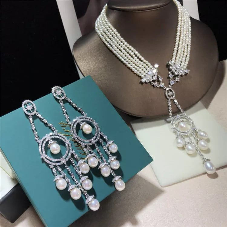 Pearl earrings long tassel heavy zircon earrings versatile for banquets.