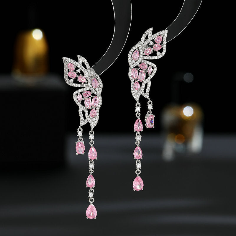 long face-modifying butterfly water drop tassel earrings