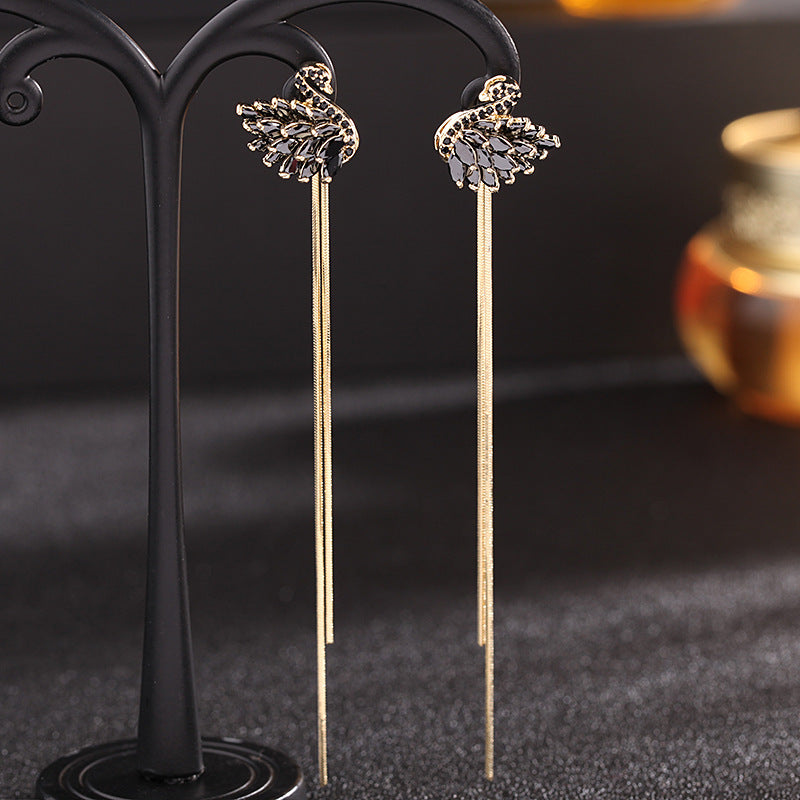 Two-piece tassel swan earrings