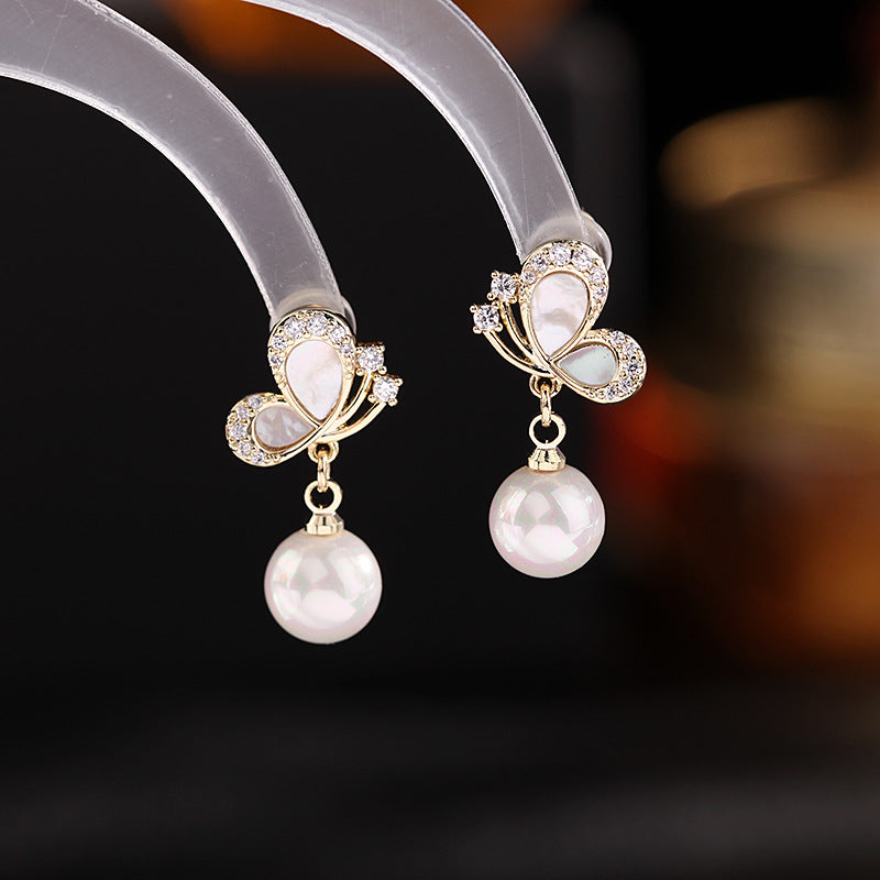 Small shell pearl earrings silver needle short zircon butterfly earrings