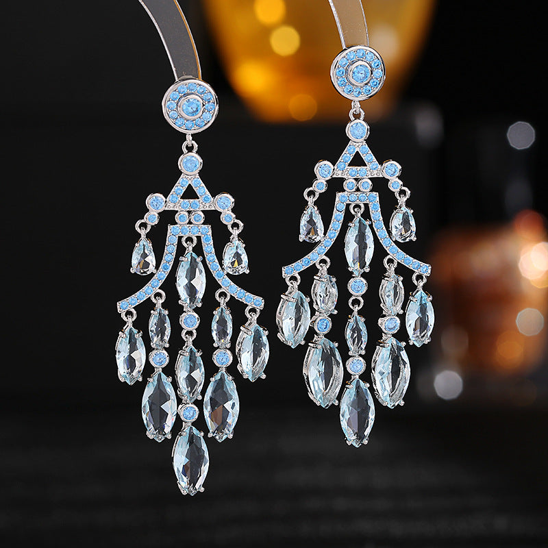 Zircon inlay exaggerated water drop tassel earrings banquet dress bridal earrings