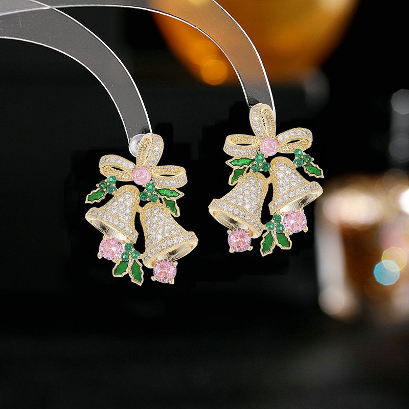 trendy ribbon bow zircon silver needle earrings Christmas gift bell earrings