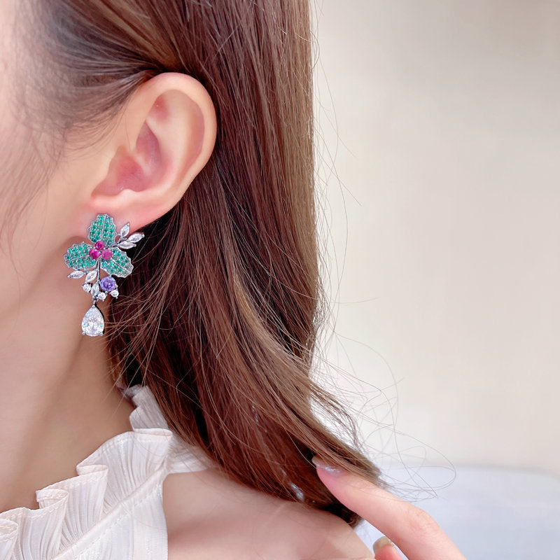 Brilliant zircon full inlaid water drop flower earrings