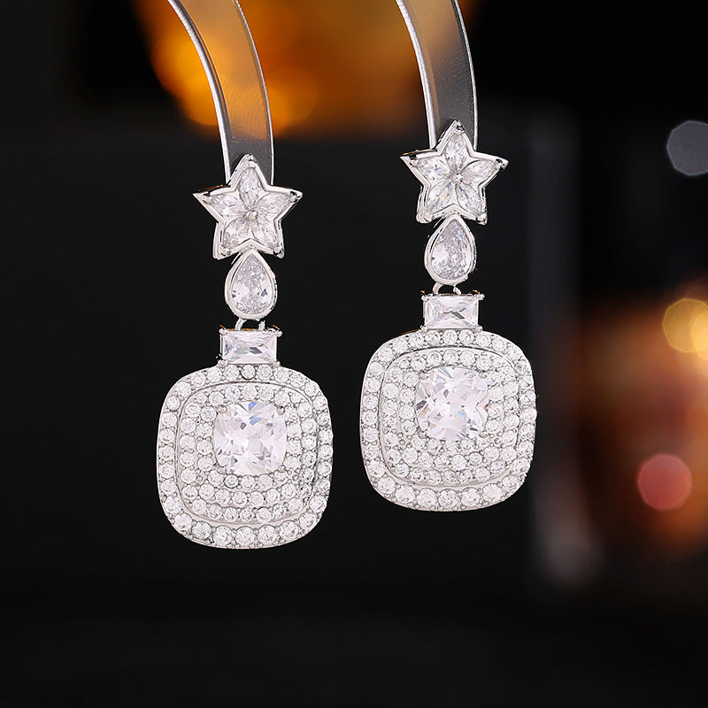 Bridal wedding accessories zircon inlaid five-pointed star square earrings