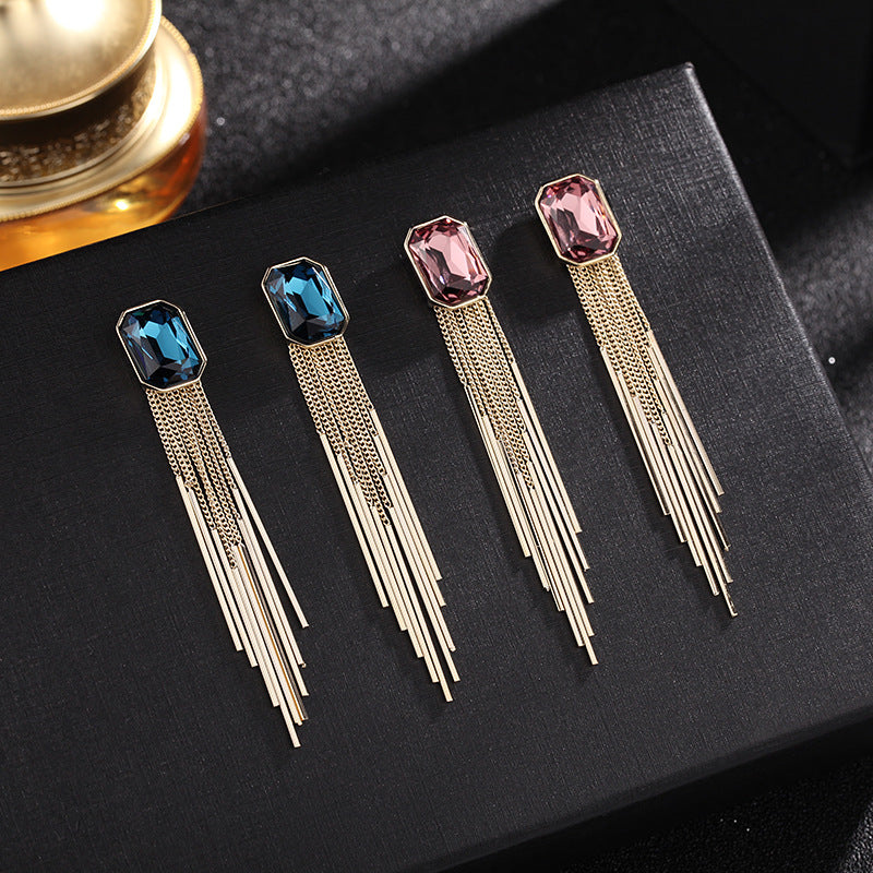 long style crystal earrings for women geometric tassel square earrings