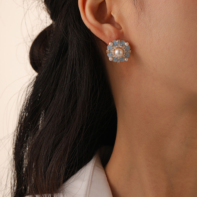 French new style blue oil dripping flower earrings