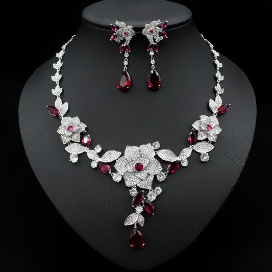 Retro autumn and winter flower zircon necklace earrings jewelry set fashion popular temperament luxury accessories