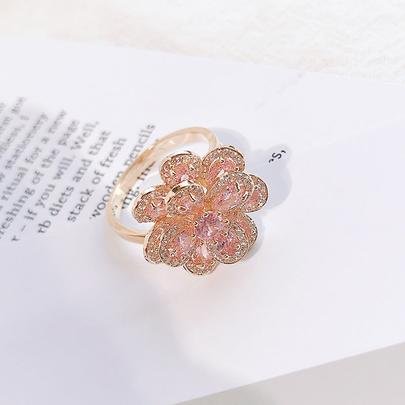 Shining zircon temperament versatile hand jewelry camellia ring jewelry