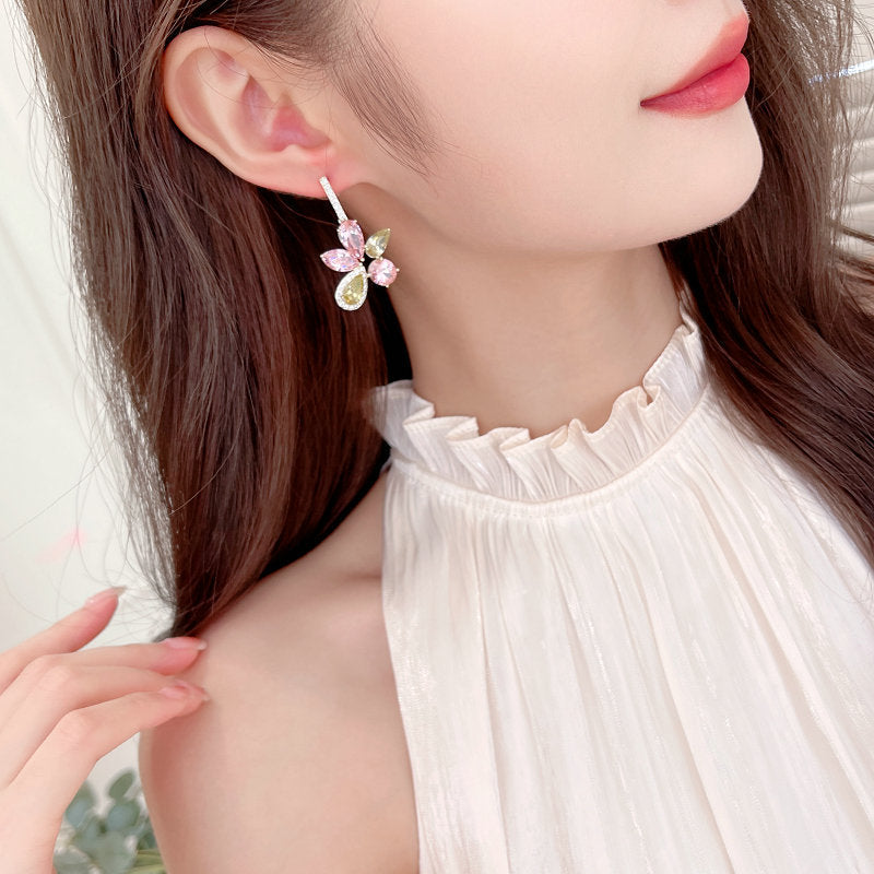 Fashion bright zircon inlaid design geometric irregular flower earrings