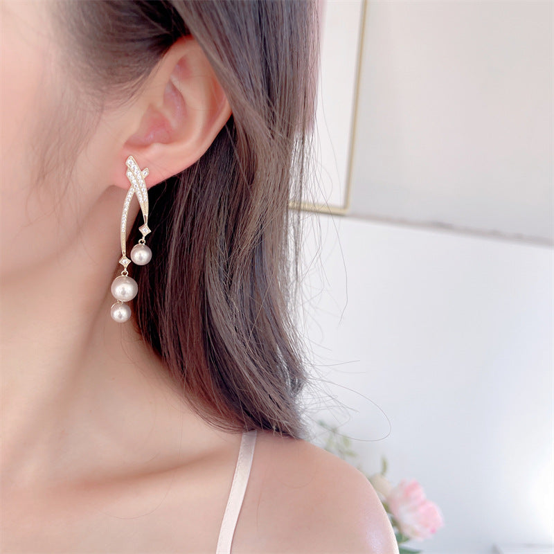 s925 silver needle simple atmospheric design earrings niche design high-end cross-line pearl earrings