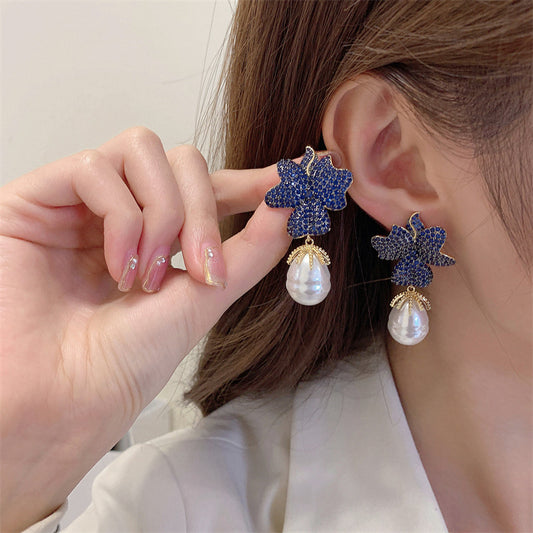 Exaggerated zircon earrings flower baroque pearl earrings