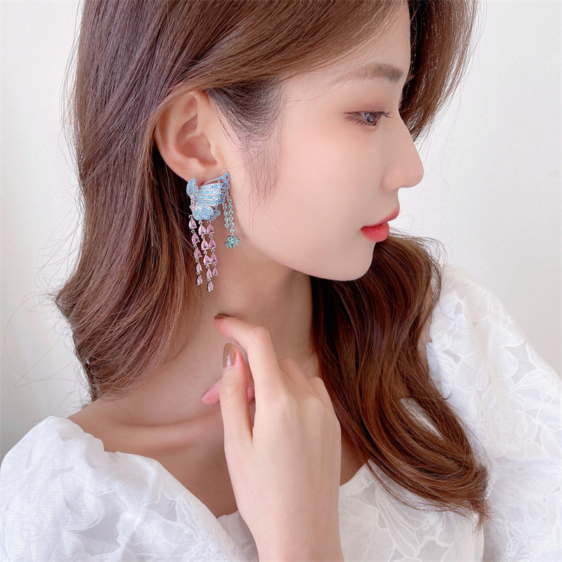 Heavy industry zircon luxury butterfly flower tassel earrings