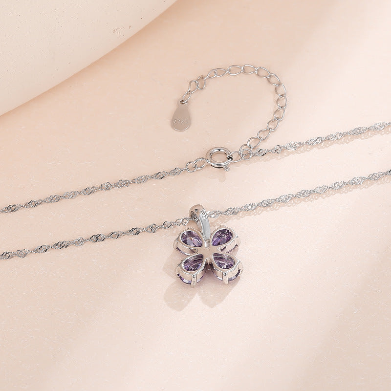 Sterling silver four-leaf clover pendant fashionable purple zircon necklace