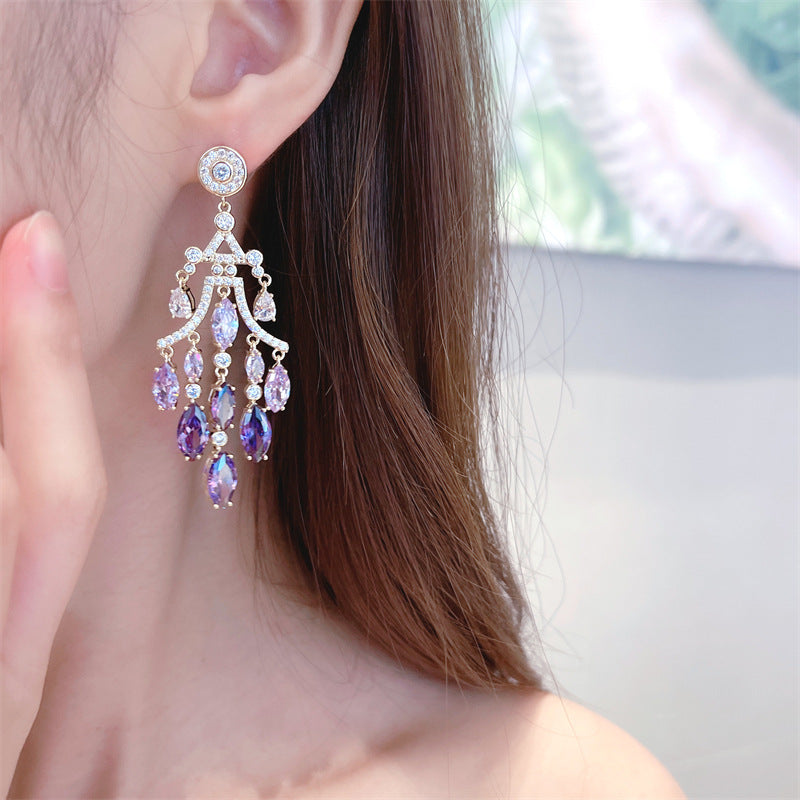 Zircon inlay exaggerated water drop tassel earrings banquet dress bridal earrings